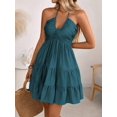 thumbnail image 7 of Womens Teal Blue Tiered Ruched Halter Neck Tie Front A-Line Mini Dress, 7 of 7