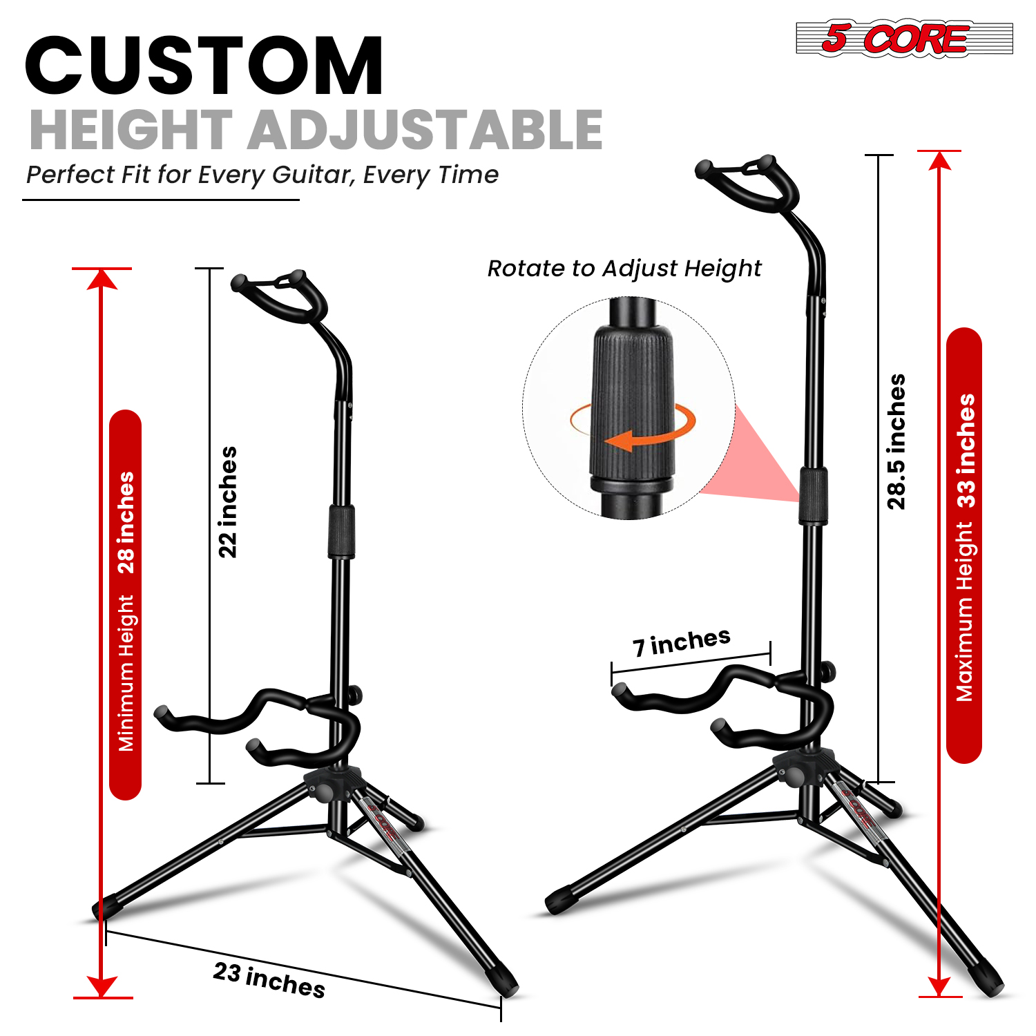 5Core Guitar Stand Floor Adjustable Heavy Duty Folding Metal Black for Acoustic Electric Bass Guitars 2 Pack