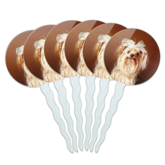 Yorkie Yorkshire Terrier Dog Bow In Hair Cupcake Picks Toppers Decoration Set of 6