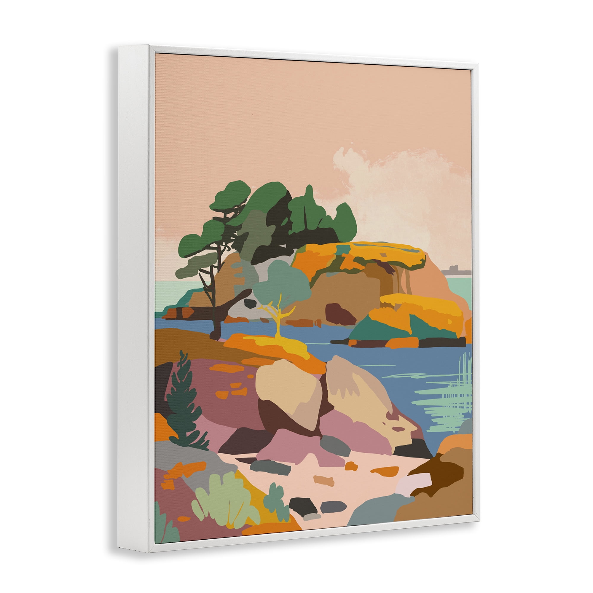 Stupell Industries Abstract Lake & Cliffs Landscape Painting White Framed Art Print Wall Art, 11 x 14