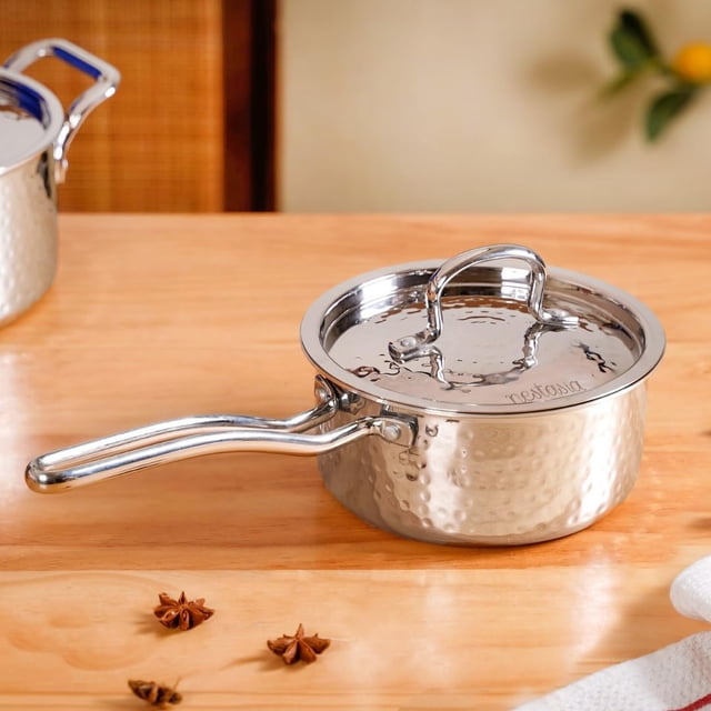 Triply Stainless Steel Textured Saucepan With Steel Lid - 1500ml, Silver | Induction Safe Sauce Pot With Lid For Milk, Tea Or Coffee - Perfect For Boiling, Heating & Simmering