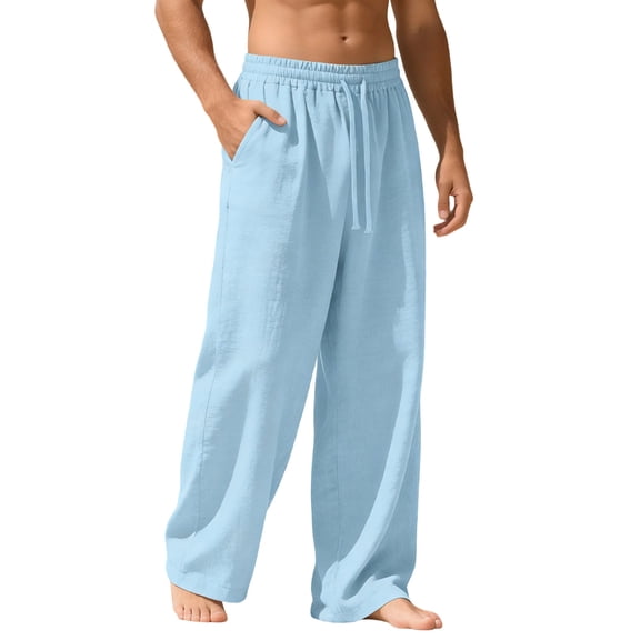 JUUYY Linen Pants for Men Loose Fit Beach Vacation Summer Drawstring Pants Elastic Waist Wide Leg Workout Casual Pants with Pockets Light Blue L