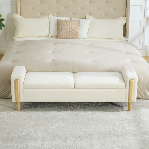 65.67" Wide Modern Upholstered Storage Bench with Double Lids and Armrest, Chenille Fabric, Rubberwood Legs, for Living Room, Entryway, Bedroom, Dormitory, Beige
