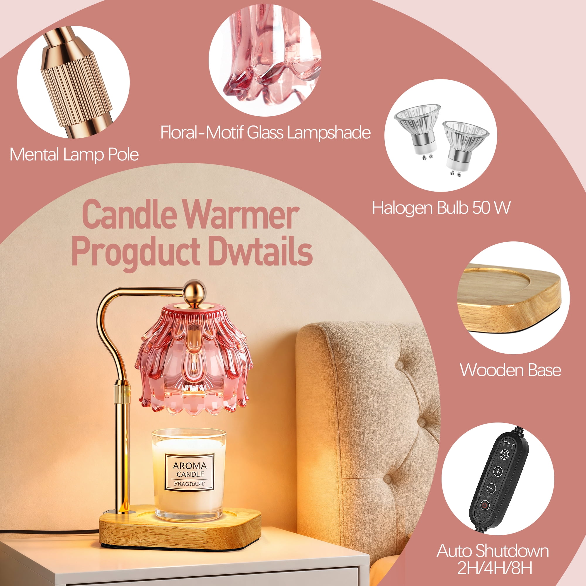 Modern Candle Warmer Lamp with Timer Dimmer, Adjustable Height Glass Lamp for Gifts, Home Decor, Pink