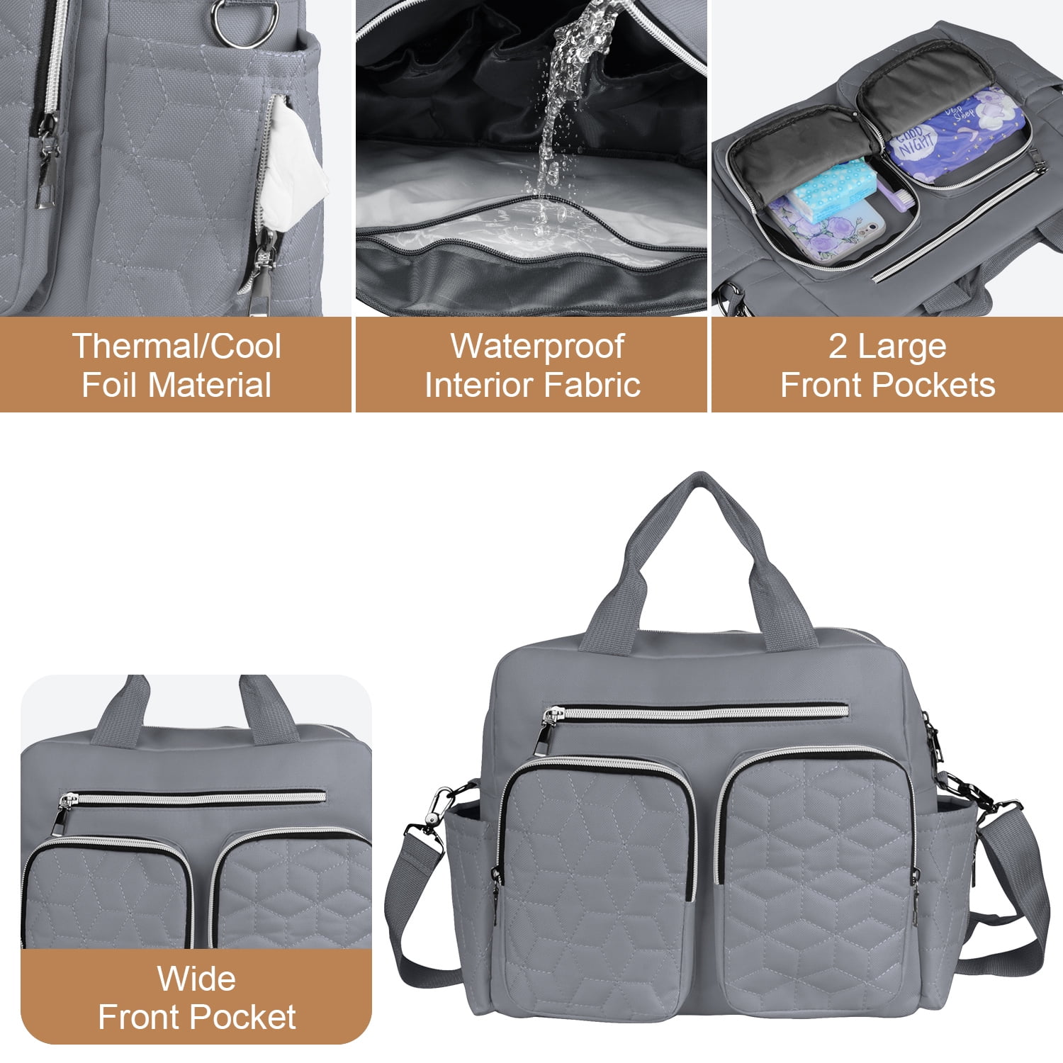 Diaper Bag Tote,AILKIN Baby Diaper Bag with 3 Insulated Pockets Adjustable Shoulder Strap Dry & Wet Compartment Large Capacity Bag Maternity Mommy Travel Diaper Bag for Boys Girls,Women(Gray)