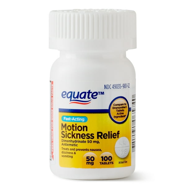 Equate Fast Acting Motion Sickness Relief Dimenhydrinate Tablets, 50 mg, 100 Ct