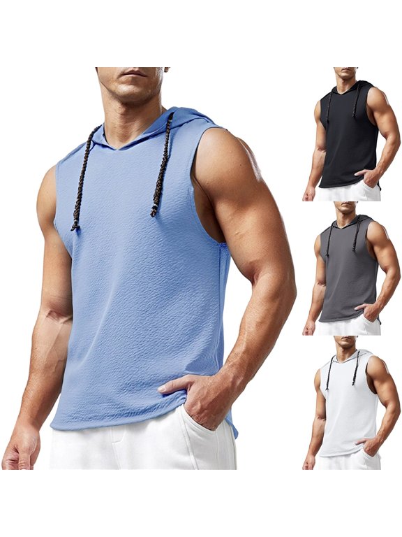 Men's UPF 50+ Hooded Tank Top Textured Sleeveless Hoodies Lightweight Casual Gym Workout Shirts Quick Dry Cooling Muscle Tee Shirt Blue-A