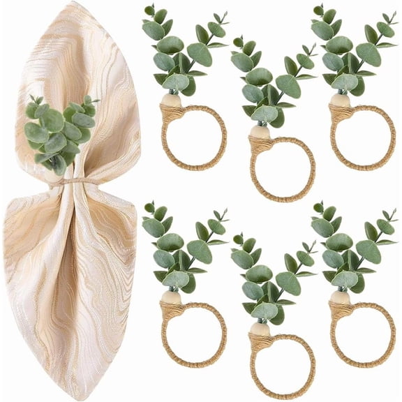 6Pcs Leaf Napkin Rings Green Leaves Eucalyptus Napkin Buckle Rustic Farmhouse Boho Wood Beads Napkins Ring Holder for Fall Spring Thanksgiving Christmas Easter Weddings Banquet Table Decor