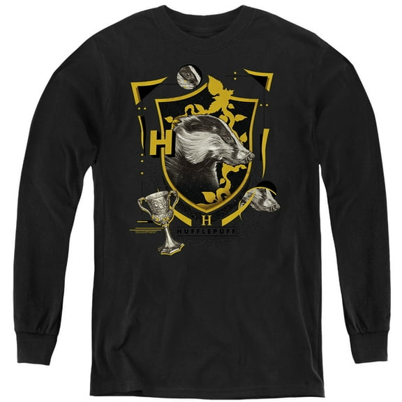 Harry Potter Hufflepuff Magicial Mischief Level Up Crest Kids Long Sleeve T Shirt (Large) for Youth Boys and Girls, Black