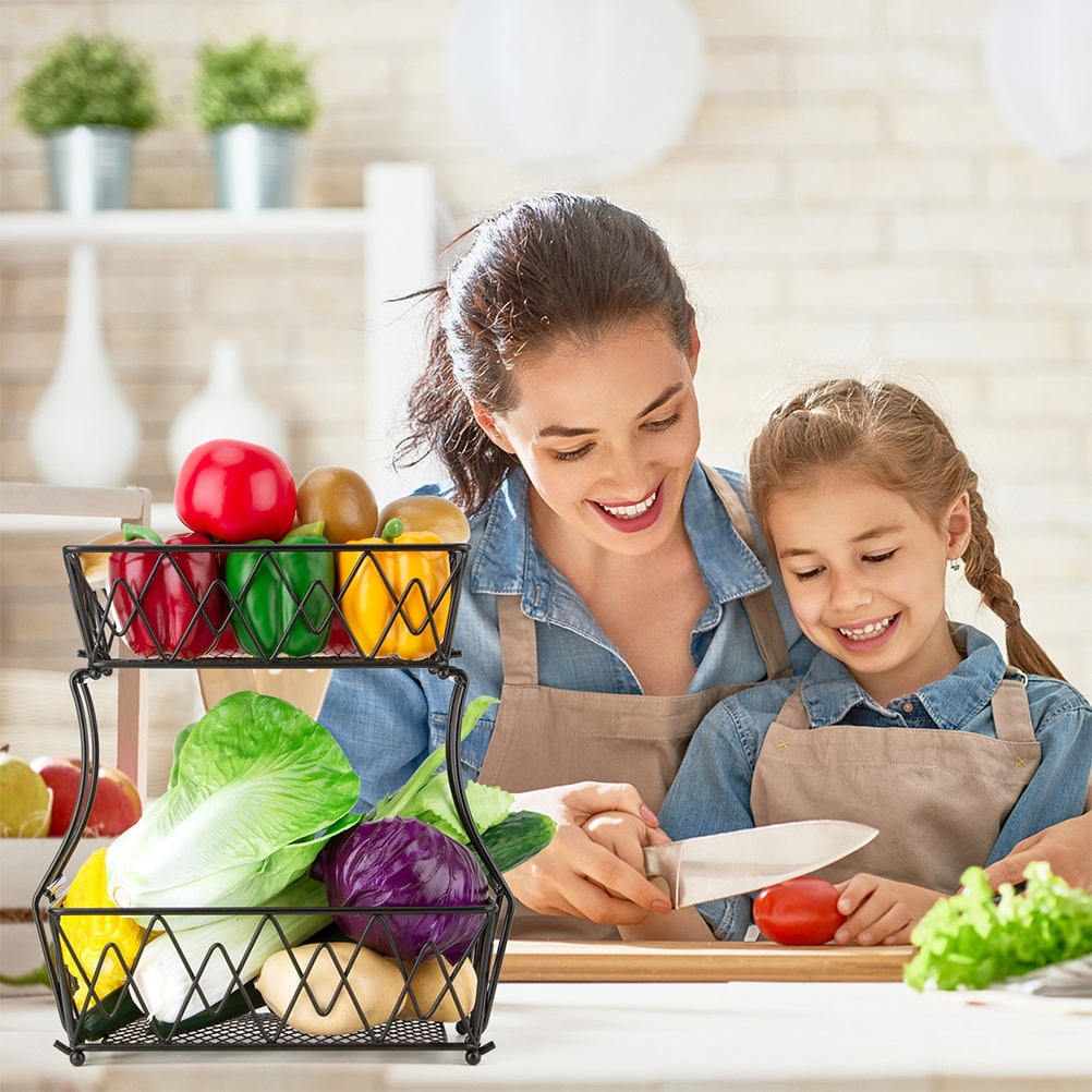 OUNONA Two-Tier Glossy Black Fruit Basket and Vegetable Storage Rack Organizer for Kitchen Countertop and Pantry