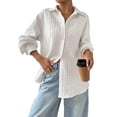 thumbnail image 3 of Womens Oversized Button Down Shirts Textured Collared Long Sleeve Shacket Casual Fall Blouses Tops White S, 3 of 9