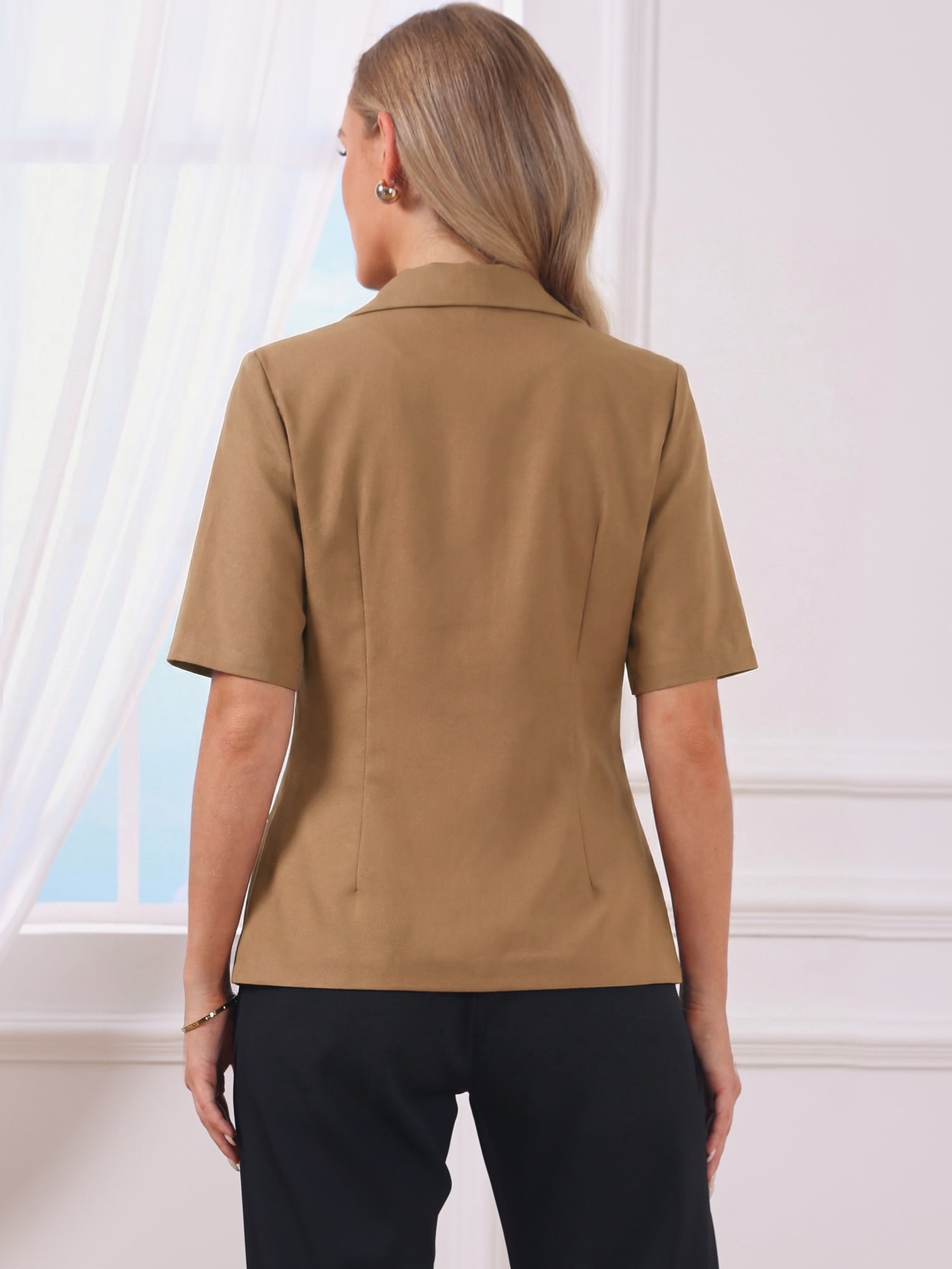 DARING DIVA Women's Linen Short Sleeve Cotton Lapel Collar Blazer S Dark Brown
