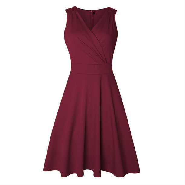 Qarigey Vestido plisado con cuello en V para mujer, vestido veraniego, fecha de baile, accesorios de ropa de verano Vestidos Vino rojo XL Qarigey AP010963-09