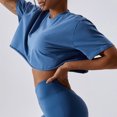 thumbnail image 2 of Camiseta para correr para mujer, manga corta, Color puro, cuello redondo, algodón transpirable, Top de trabajo, azul, 10/M, 2 of 7