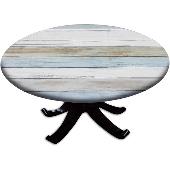 Elastic Edge Fitted Polyester Round Tablecloths, Vintage Blue White Wood Board Washable Wipeable Table Cover, for Indoor Holiday Family Banquet and Outdoor Patio Use, Fit for 44" Table