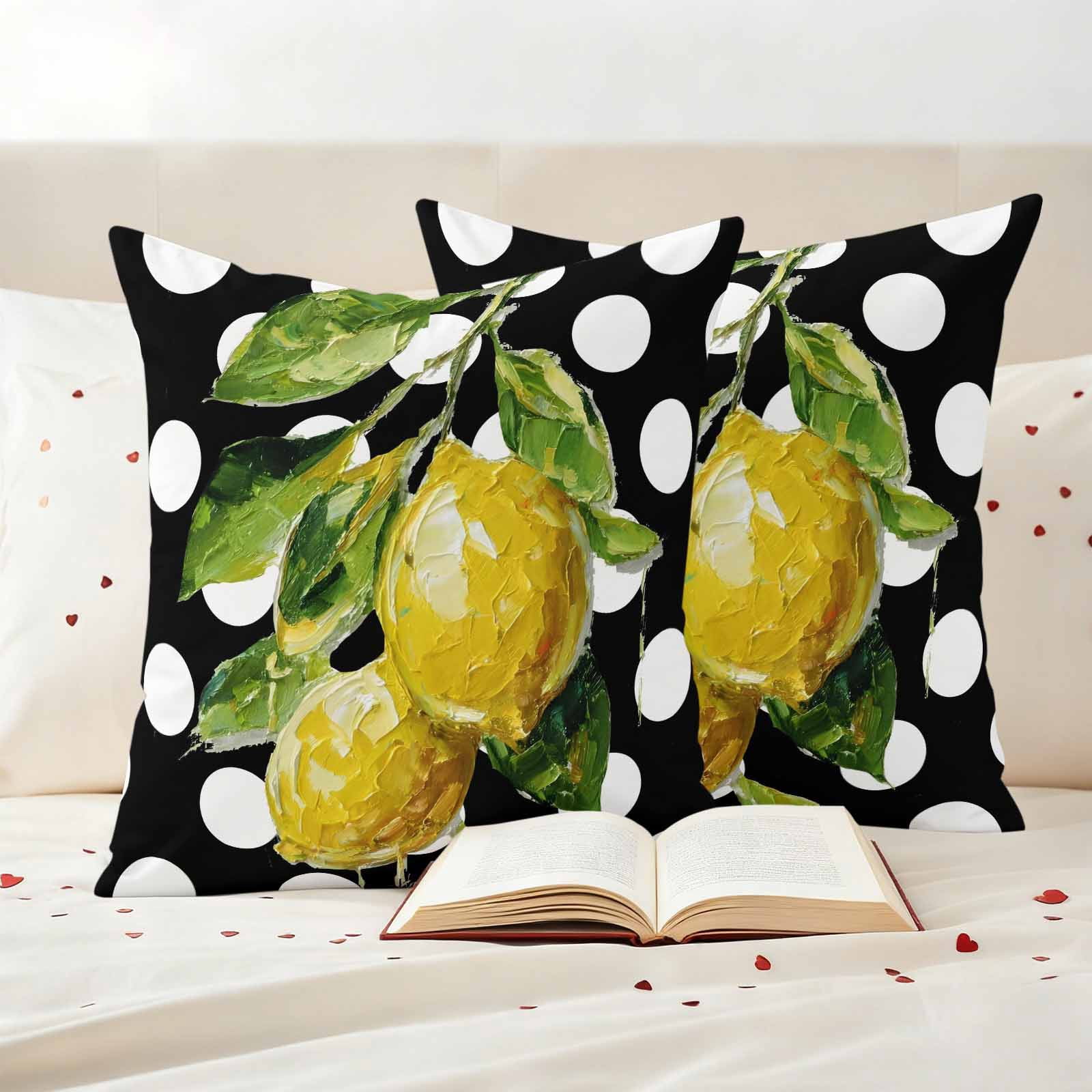 Outdoor Pillow Covers Farmhouse Yellow Lemon Green Leaf Waterproof Pillow Cases 16x16 Set of 2, Black White Polka Dot Throw Pillow Cover Pillowcase for Patio Balcony Couch Garden