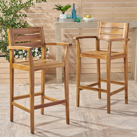 Noble House Stamford Outdoor Rustic Acacia Wood Barstool (Set of 2) Teak