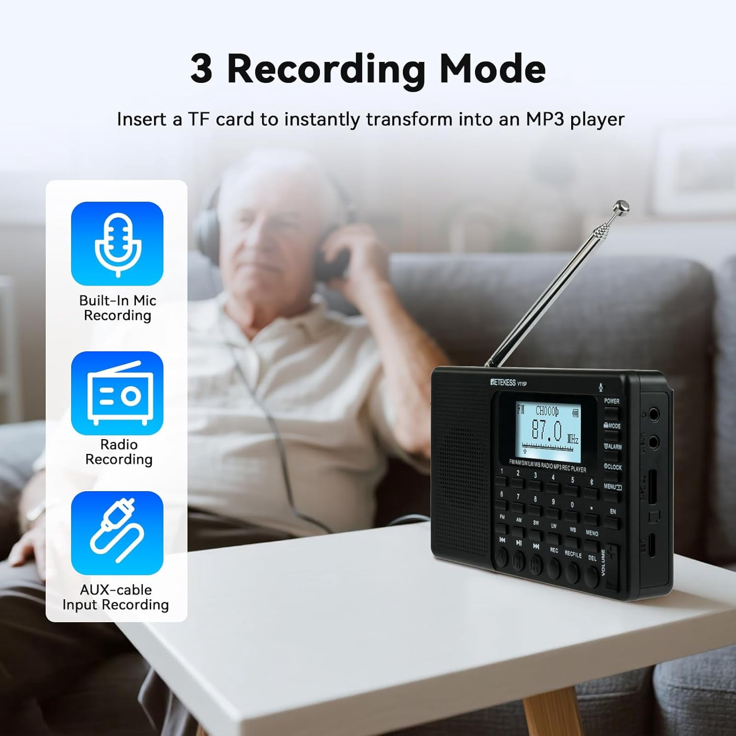 Retekess V115P Emergency radio with NOAA,Rechargeable AM FM SW WB Radio,Wireless Connection,1800mAh Battery,Digital Tuner,TF/AUX,Recording,Flashlight,Sleep Timer,Alarm Clock,for Emergency,Camping