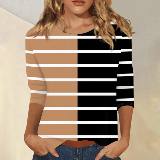 RXIRUCGD T-shirt à Rayures pour Femme à Col Ras du Cou à Manches 3/4, Kaki, Taille : M