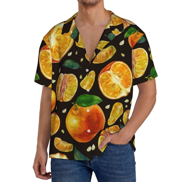 Fotbe Tangerine Camisa Estampada de Manga Corta para Hombre, Casual de Verano, Estilo Playero, Sin Arrugas-Large