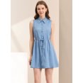 thumbnail image 1 of Unique Bargains Robe Chemise Sans Manches Col Rabattu Boutonnée Plissée à Cordon Bleu Poussiéreux m, 1 of 5