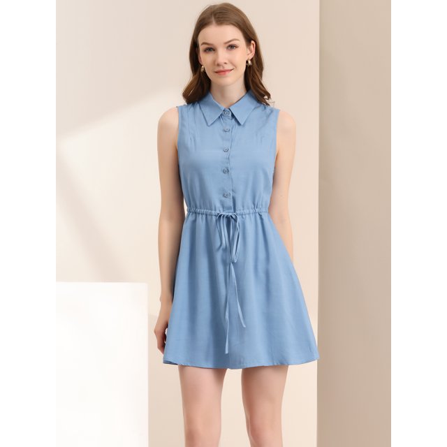 Unique Bargains Robe Chemise Sans Manches Col Rabattu Boutonnée Plissée à Cordon Bleu Poussiéreux L