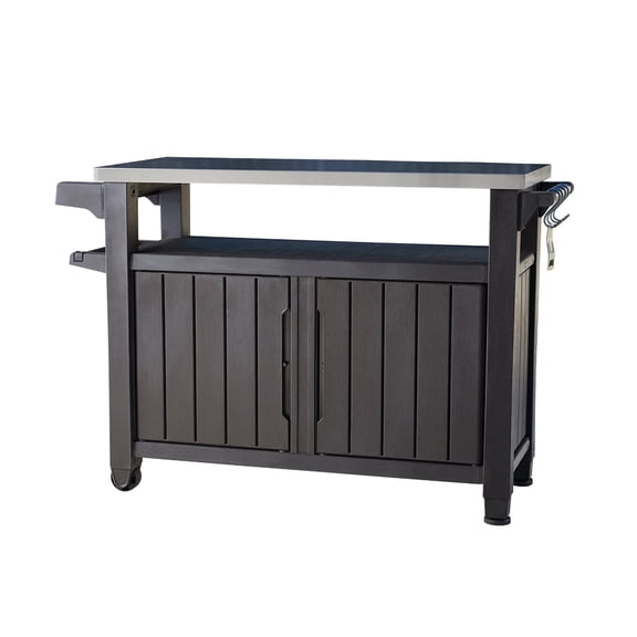 Keter Unity XL Outdoor Durable Kitchen Rolling Bar Cart with Storage Cabinet, Brown