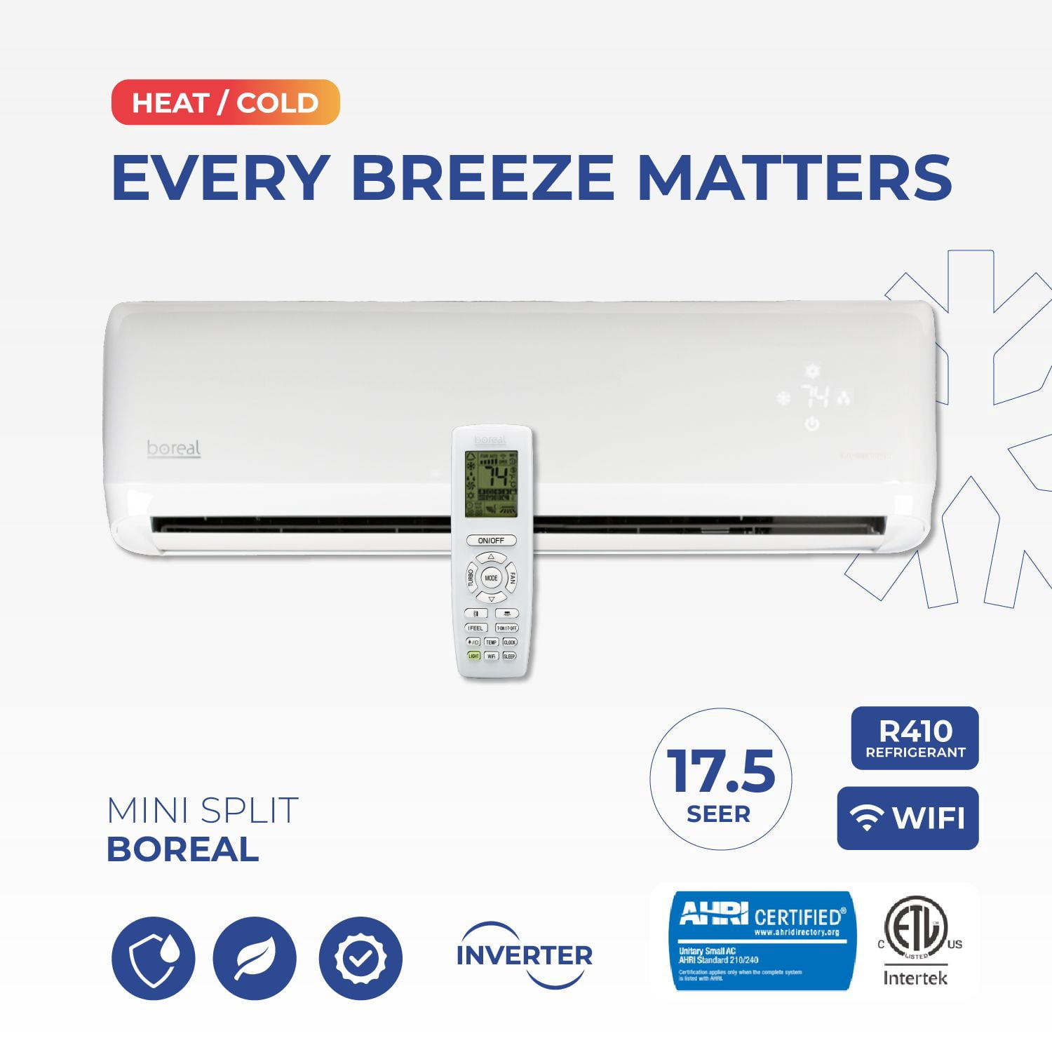 BOREAL 12000 BTU MINI SPLIT AIR CONDITIONER DUCTLESS 17.5 SEER WIFI HEAT PUMP -110V