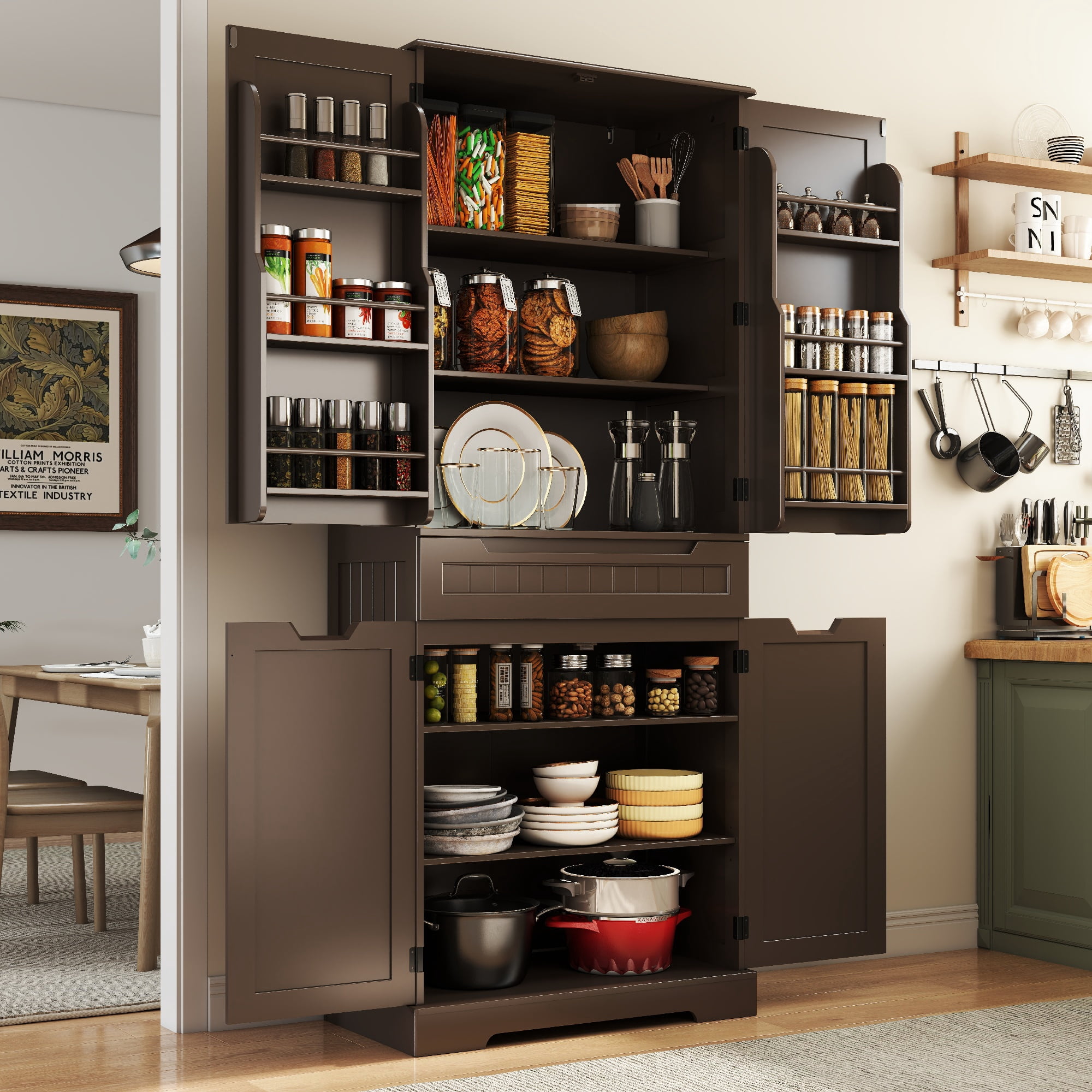 Pantry Cabinet Clearance, Lofka 71" Large Kitchen Storage Cabinet with Adjustable Shelves & Anti-Tip Design, 4 Doors, 12 Shelves, 1 Drawer, Dark Brown