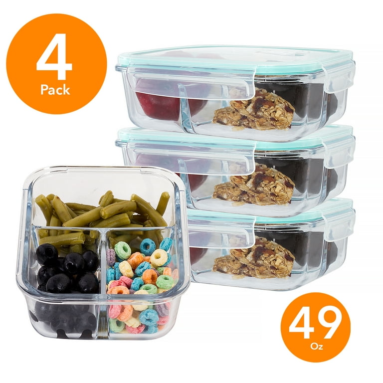 4 Pack Rectangle 49 Oz Glass Meal Prep Container 3 Divider Compartment Snap  Locking Lid