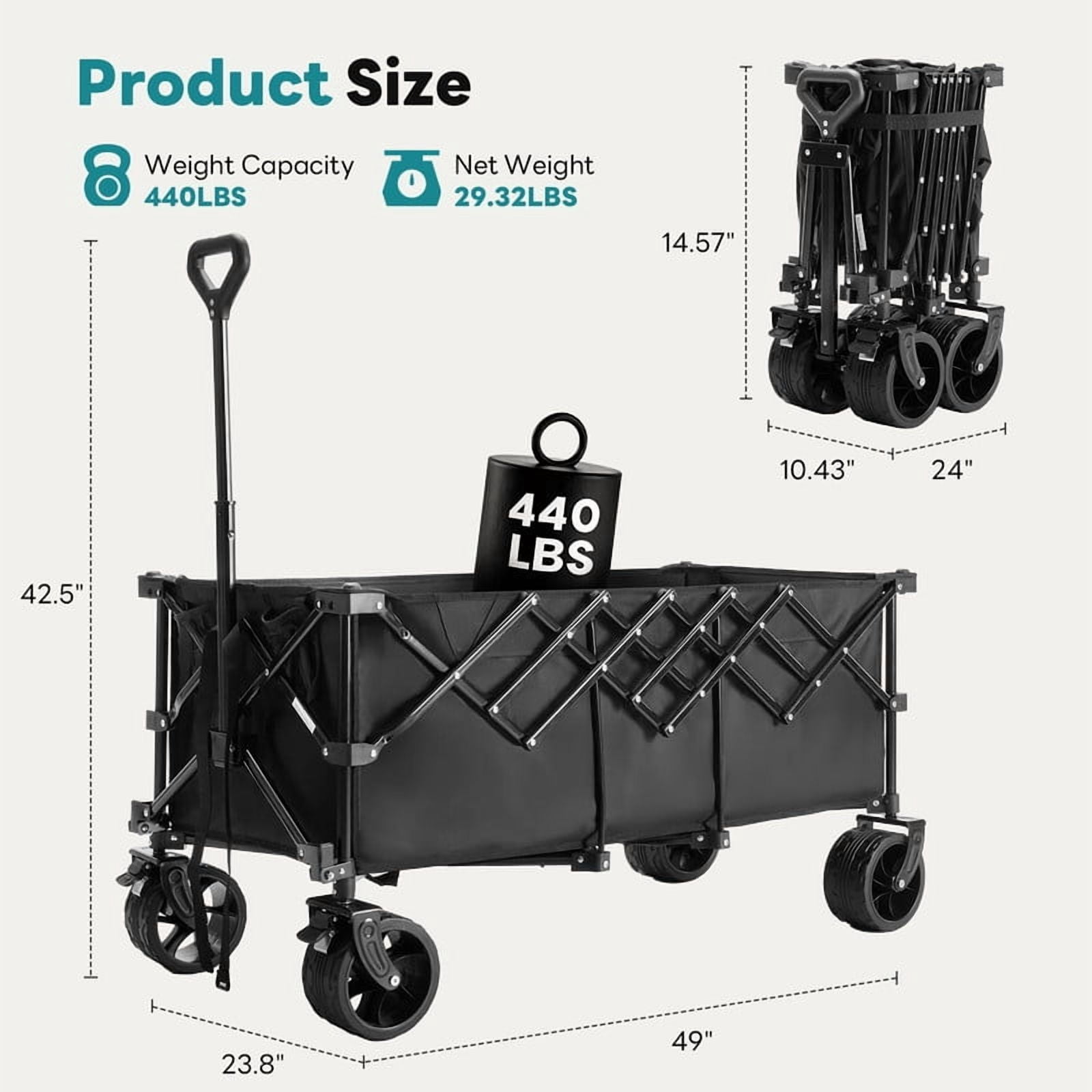 Gianna Foldable Wagon Cart, 440lbs Capacity heavy-duty steel frame