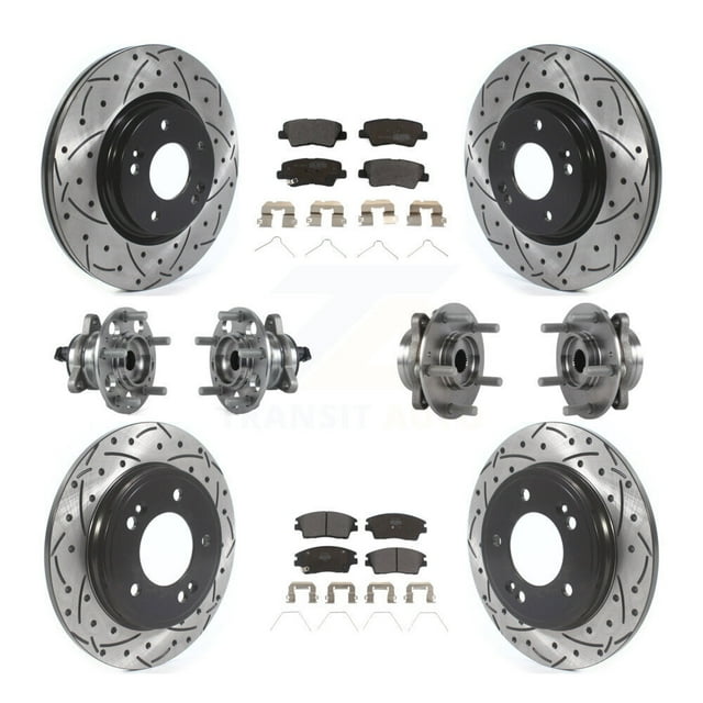 Transit Auto Front Rear Hub Bearings Assembly Coated Disc Brake Rotors and Semi-Metallic Pads Kit (10Pc) for Car 2017-2020 Hyundai Elantra 1.6L with Multilink Suspension - Left Right Side KBB-114505