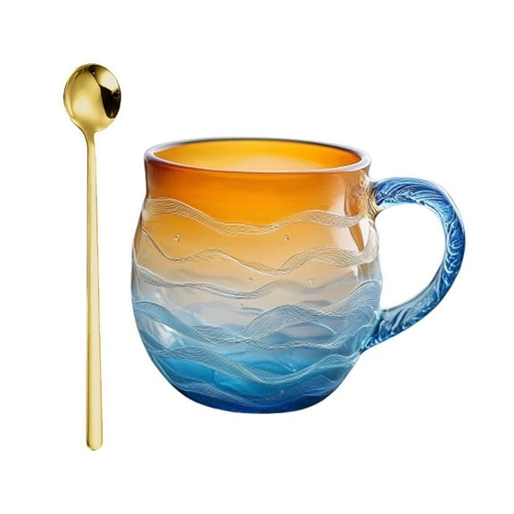 12 Oz Sunset Mug, Handmade Ocean Style Glass With Wrapped Waves, Sunset, Suitable For Coffee, Tea, Cocktails And Gifts-1 set