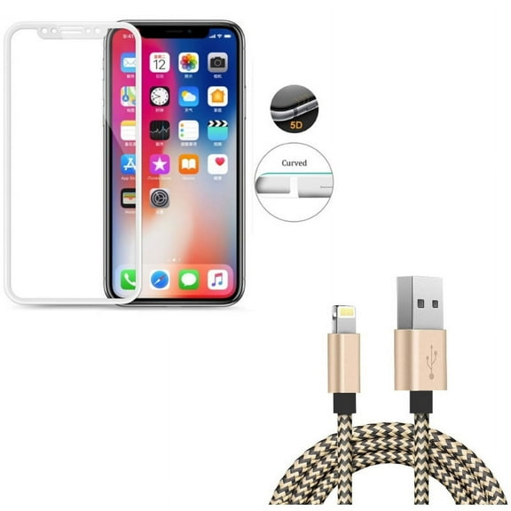 iPhone XS/X - 6ft USB Cable w Tempered Glass Screen Protector - Charger Cord Power Wire Sync Braided, 5D Touch Curved Edge Full Cover Bubble Free Case Friendly 9H Hardness
