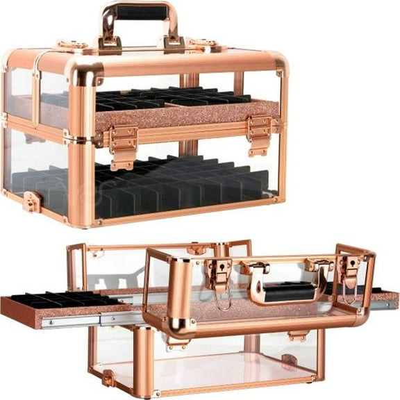 JC Beauty JMP001-145 Rose Gold Acrylic Armored Easy Slide Tray Professional Cosmetic Makeup Nail Case with Foundation Holder