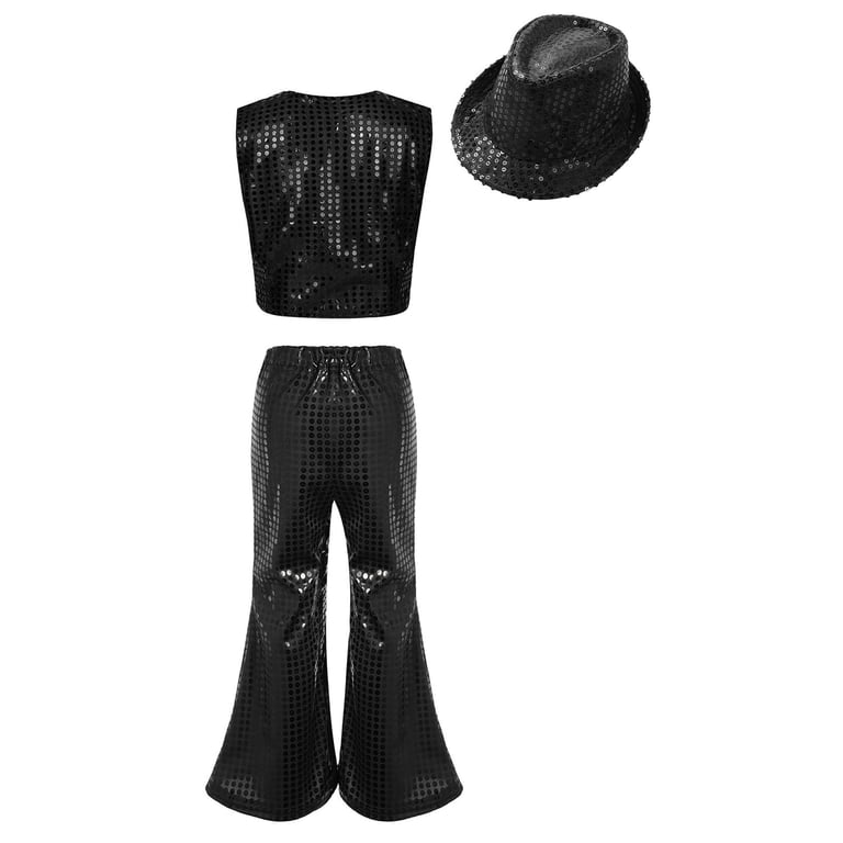 CHICTRY Gilet Paillettes Scintillant + Chapeau & Cravate – Costume Enfant Danse Jazz Hip-Hop Disco – 8-14 Ans Garçon Fille
