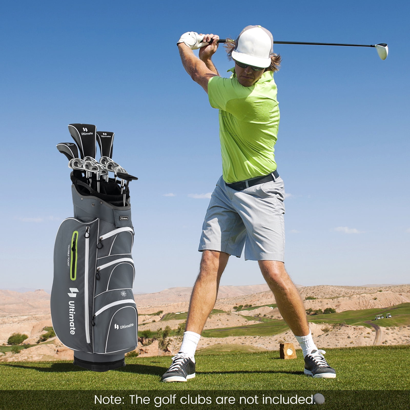 Topbuy 15-Way Golf Cart Bag Golf Club Bag with 15 Ways Organizer Divider Top 7 Zippered Pockets Cooler Bag Umbrella Holder Rain Hood Grey + Green