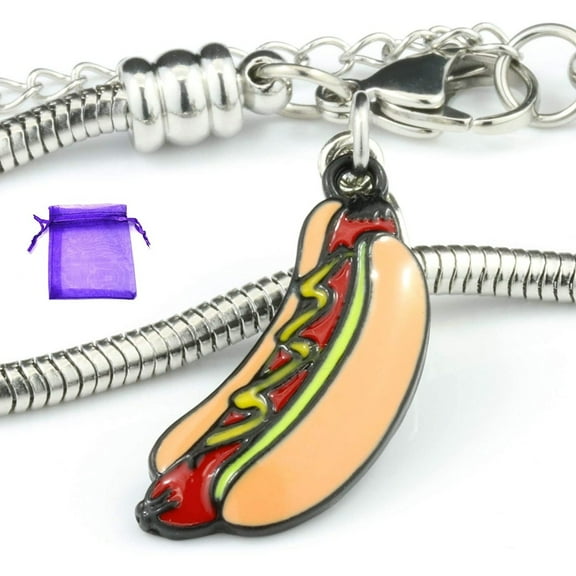 Hot Dog Jewelry | Hot Dog Bracelet Hypoallergenic Stainless Steel Snake Chain Charm Bracelet Food Jewelry and Mini Food Novelty Jewelry Gift for Men or Women Great Junk Food Novelty Jewelry for Women