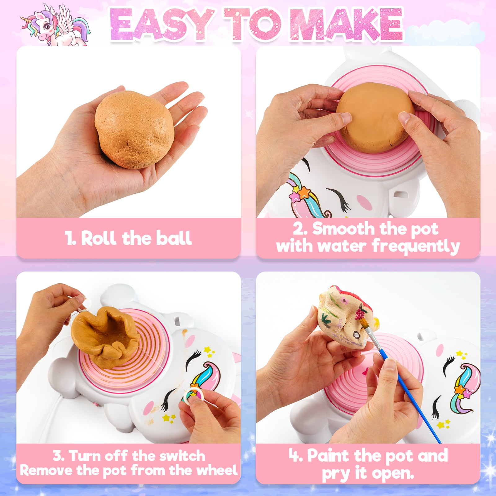 DIY Pottery Wheel Kit with 3 Pack Air-Dry Clay for Kids,Kids Pottery Craft Set, Ages 6+, Holiday Gift for Creative Play