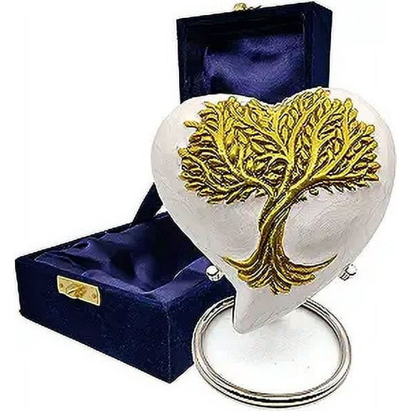 TREE OF LIFE Heart Keepsake Urn - Mini Ash Handcrafted Cremation Small Urn for Ashes- Perfect for Adults & Infants - Tribute to Your Loved One - with Free Velvet Box & Display Stand (WHITE & GOLD)