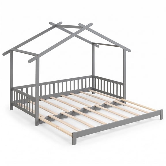Furnibear Extendable House Bed Twin to King Size Daybed with Roof Frame and Fence Rails for Kids and Shared Bedroom, Gray