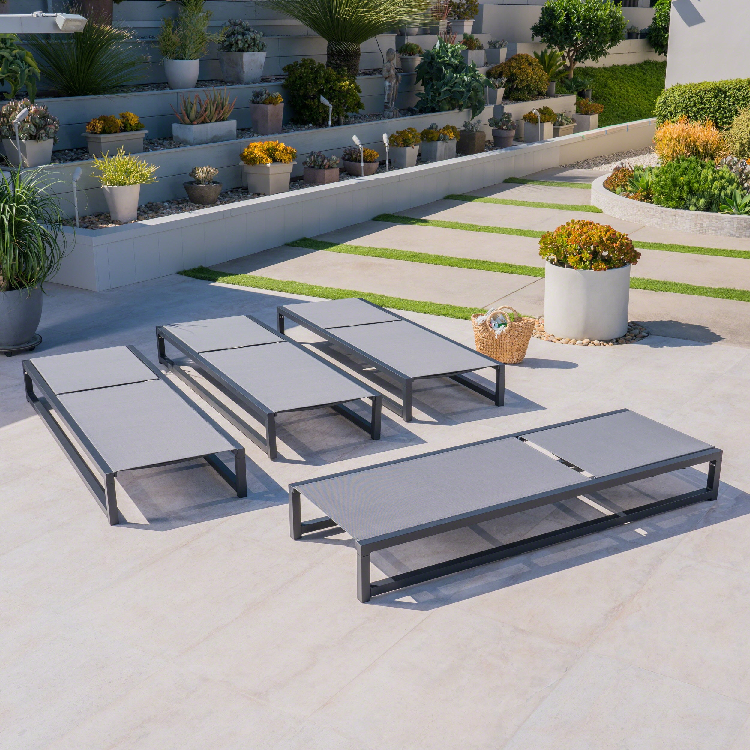 Nelson Outdoor Aluminum Framed Chaise Lounge with Grey Mesh Body, Set of 4, Black Finish