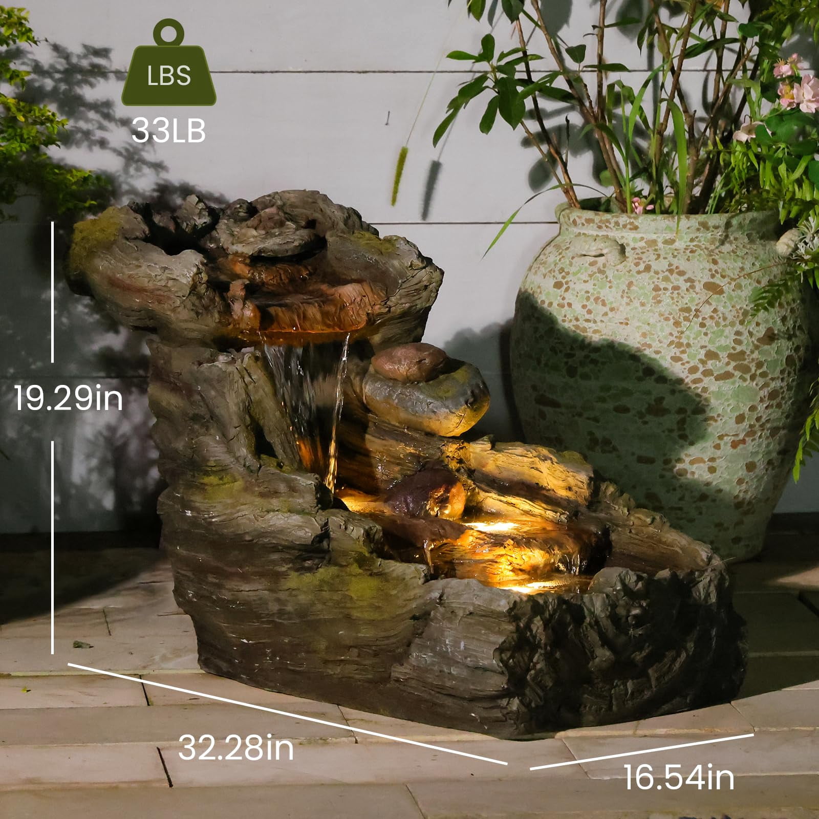 32.5" L Garden Outdoor Water Fountain, Floor Standing Cascading Realistic Tree Trunk Natural Waterfall Outdoor Fountains with LED Lights for Patio, Porch, Home Art Decor
