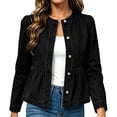 thumbnail image 4 of QIYAGBSA Denim Jacket for Women Soft Collarless Button Down Peplum Ruffle Hem Long Sleeve Slim Fit Fall Casual Outerwear Stretch Layer Everyday Wear (Black, L), 4 of 9