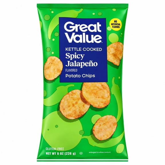 Great Value Kettle Cooked Spicy Jalapeno Potato Chips, 8 oz Bag