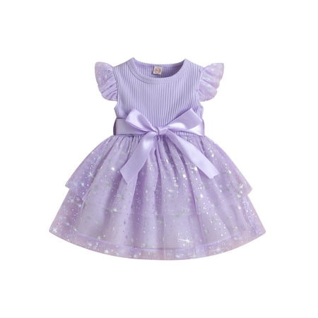 

Summer Toddler Baby Girls Princess Dress Ruffles Fly Sleeve Ribbed Knit Sequins Stars Lace Tutu Dress