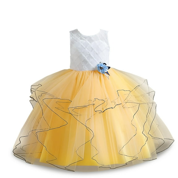 Girls White and Yellow Dress with Flower without Sleeves For Wedding, Pageant, Graduation, Birthday ages 5years old.