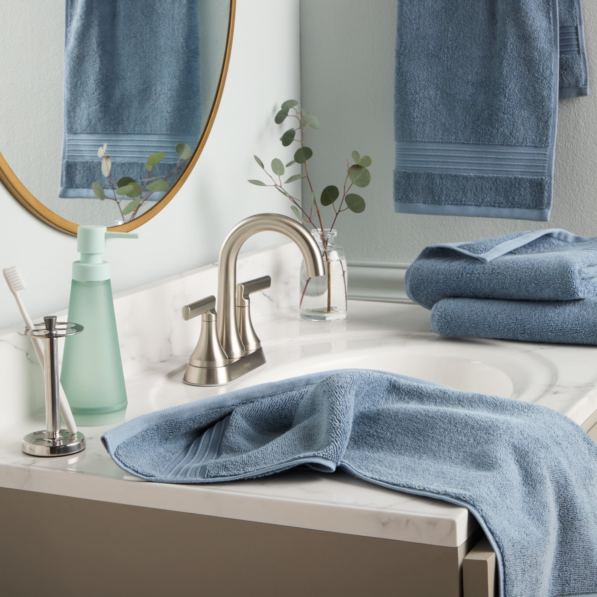 TOWN & COUNTRY EVERYDAY 4-Piece Solid Dobby Border Hand Towel Set, 20"x30", 100% Cotton, Plush & Absorbent 650GSM, Blue