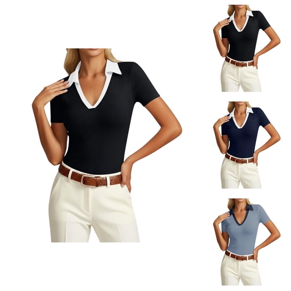 T Shirts for Women Summer Casual Color Block Short Sleeve V Neck Collared Slim Fit Dressy Casual Work Tshirts