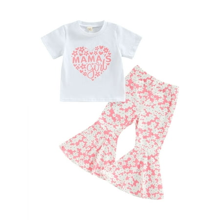 

Suanret Toddler Girls Pants Set Heart Letter Flower Print Short Sleeve Round Neck T-Shirt High Waist Stretch Flared Trousers Pink MAMA 2-3 Years